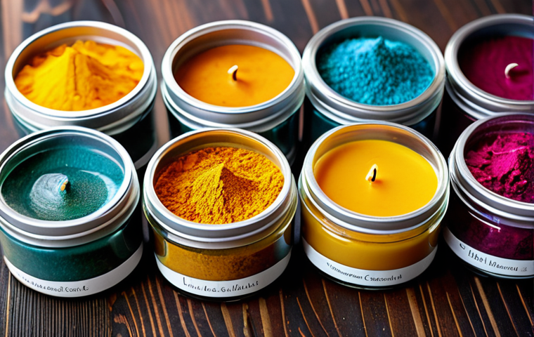 캔들 색소 사용법 - Assorted Candle Dye Types**
"A vibrant display of different candle dye types – liquid dyes in glass...