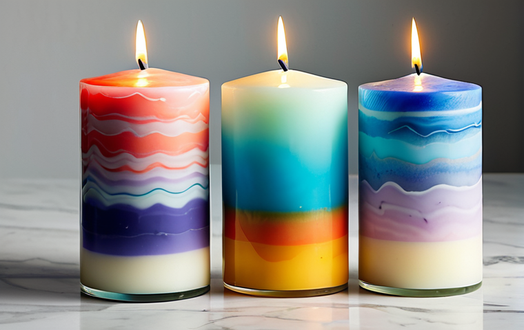 캔들 색소 사용법 - Assorted Candle Dye Types**

"A vibrant display of different candle dye types – liquid dyes in glass...