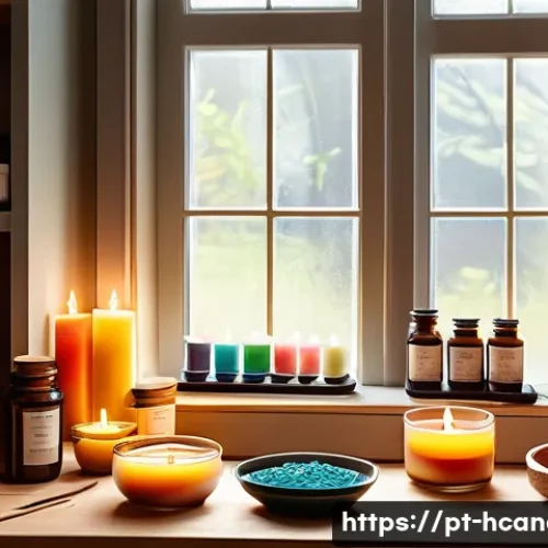 Home 11 우드윅 캔들 만드는 법 - A cozy home candle-making workspace featuring an organized wooden table covered with parchment paper...