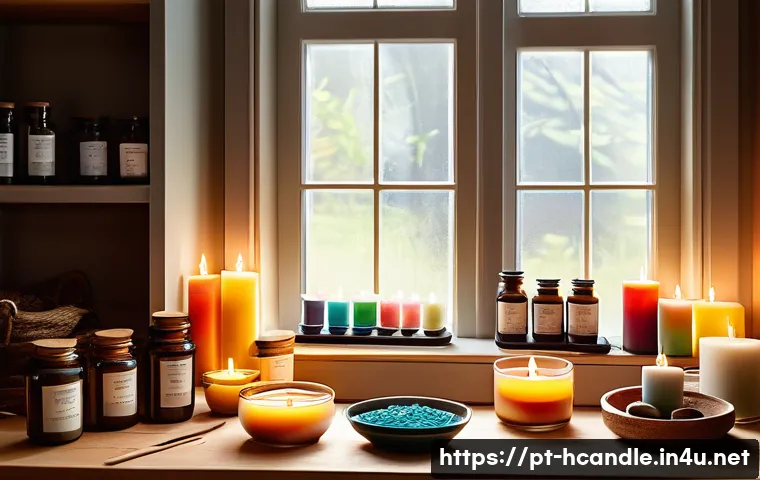 우드윅 캔들 만드는 법 - A cozy home candle-making workspace featuring an organized wooden table covered with parchment paper...
