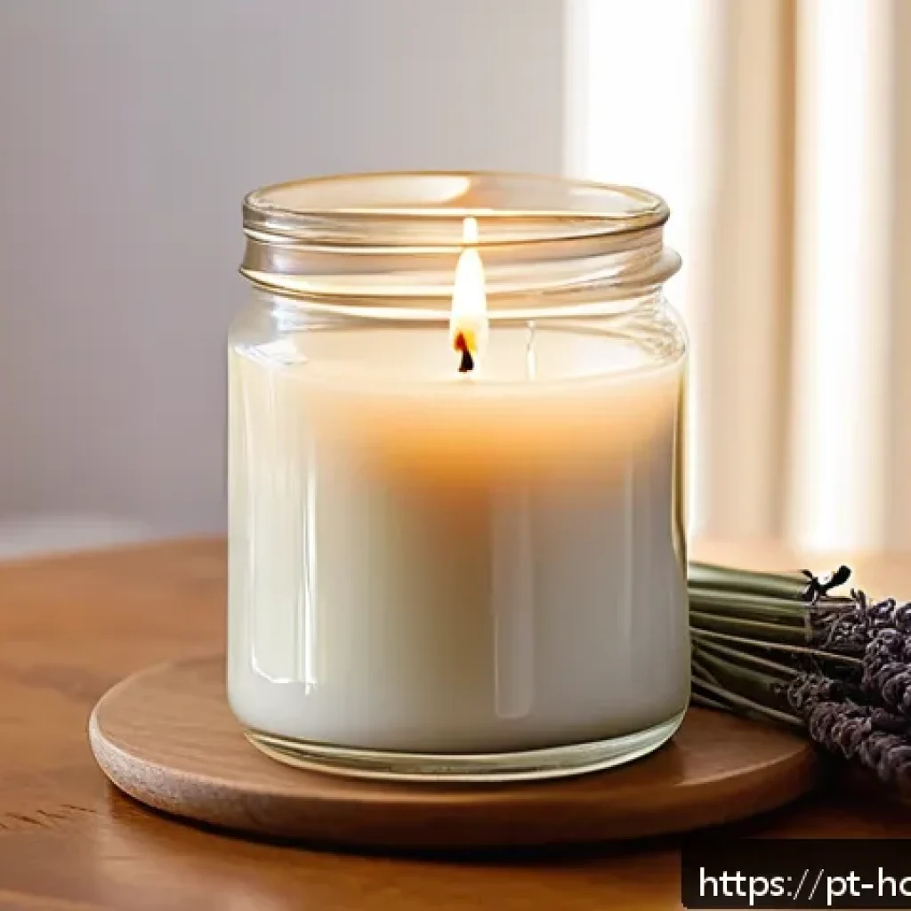 캔들 리뷰 작성 팁 - A cozy artisanal candle setup on a rustic wooden table, featuring a medium-sized soy wax candle in a...