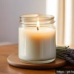 Home 21 캔들 리뷰 작성 팁 - A cozy artisanal candle setup on a rustic wooden table, featuring a medium-sized soy wax candle in a...
