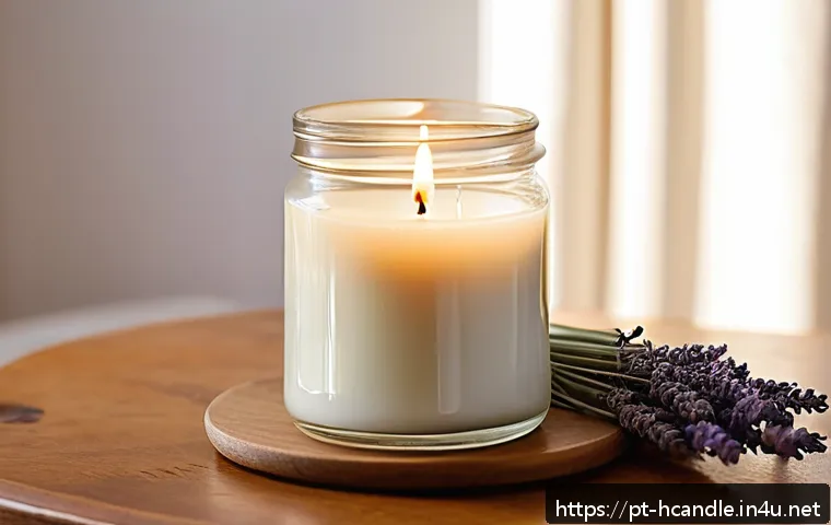 캔들 리뷰 작성 팁 - A cozy artisanal candle setup on a rustic wooden table, featuring a medium-sized soy wax candle in a...