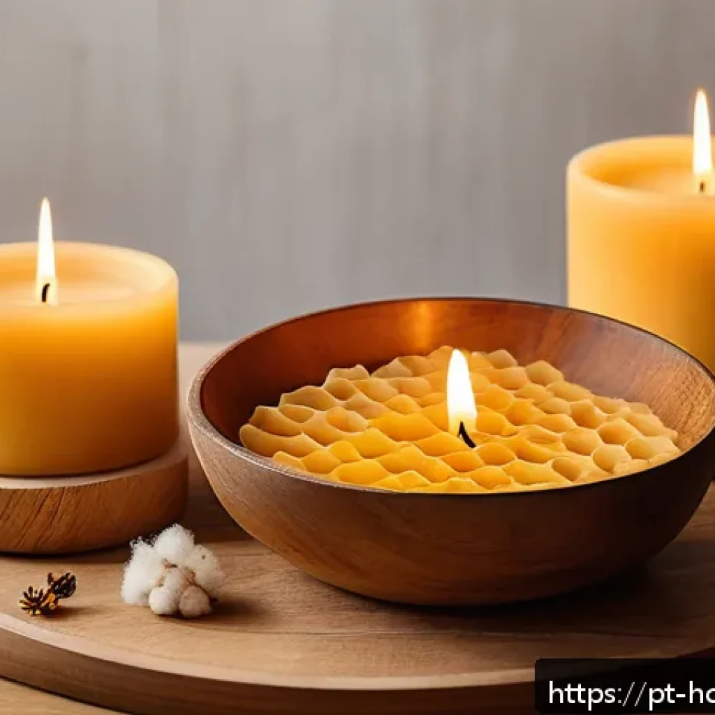 캔들 DIY 초보자 가이드 - A cozy artisanal candle-making scene featuring three types of wax: soy wax in a small rustic bowl, g...