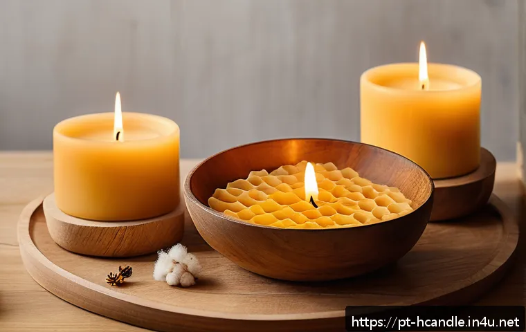 캔들 DIY 초보자 가이드 - A cozy artisanal candle-making scene featuring three types of wax: soy wax in a small rustic bowl, g...
