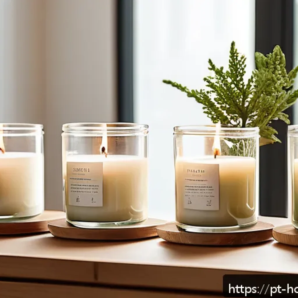 캔들 디자인 트렌드 - A cozy, modern living room scene featuring a collection of eco-friendly soy wax candles in reusable ...