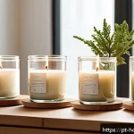 Home 18 캔들 디자인 트렌드 - A cozy, modern living room scene featuring a collection of eco-friendly soy wax candles in reusable ...
