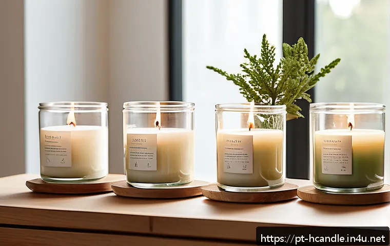 캔들 디자인 트렌드 - A cozy, modern living room scene featuring a collection of eco-friendly soy wax candles in reusable ...