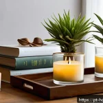 Home 23 천연 에센셜 오일 캔들 - A cozy, softly lit living room scene featuring artisanal soy candles in elegant neutral-toned glass ...