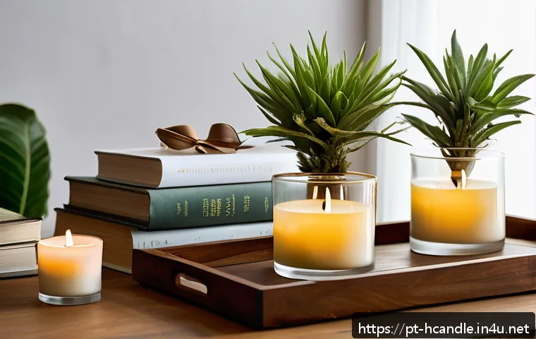 천연 에센셜 오일 캔들 - A cozy, softly lit living room scene featuring artisanal soy candles in elegant neutral-toned glass ...